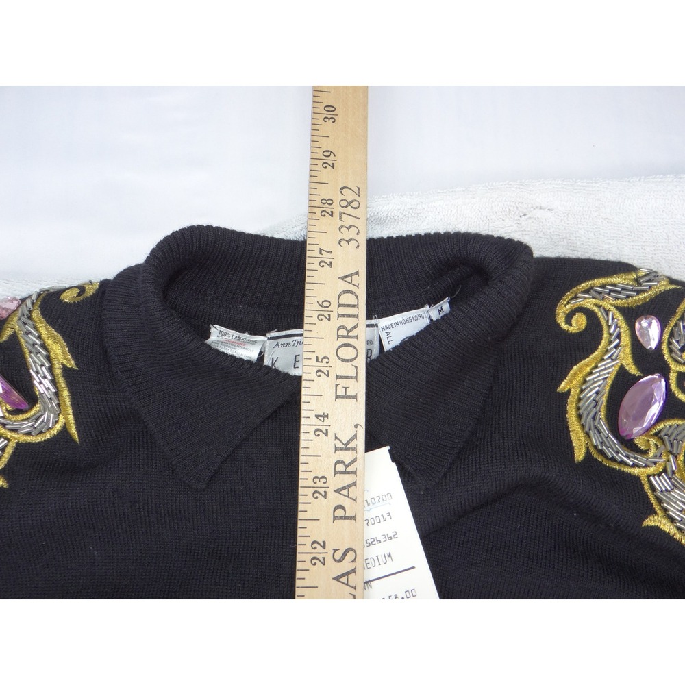 Ann Tjian for Kenar Vintage Black Lambswool Beaded Rhinestone Sweater Medium - Picture 5 of 9